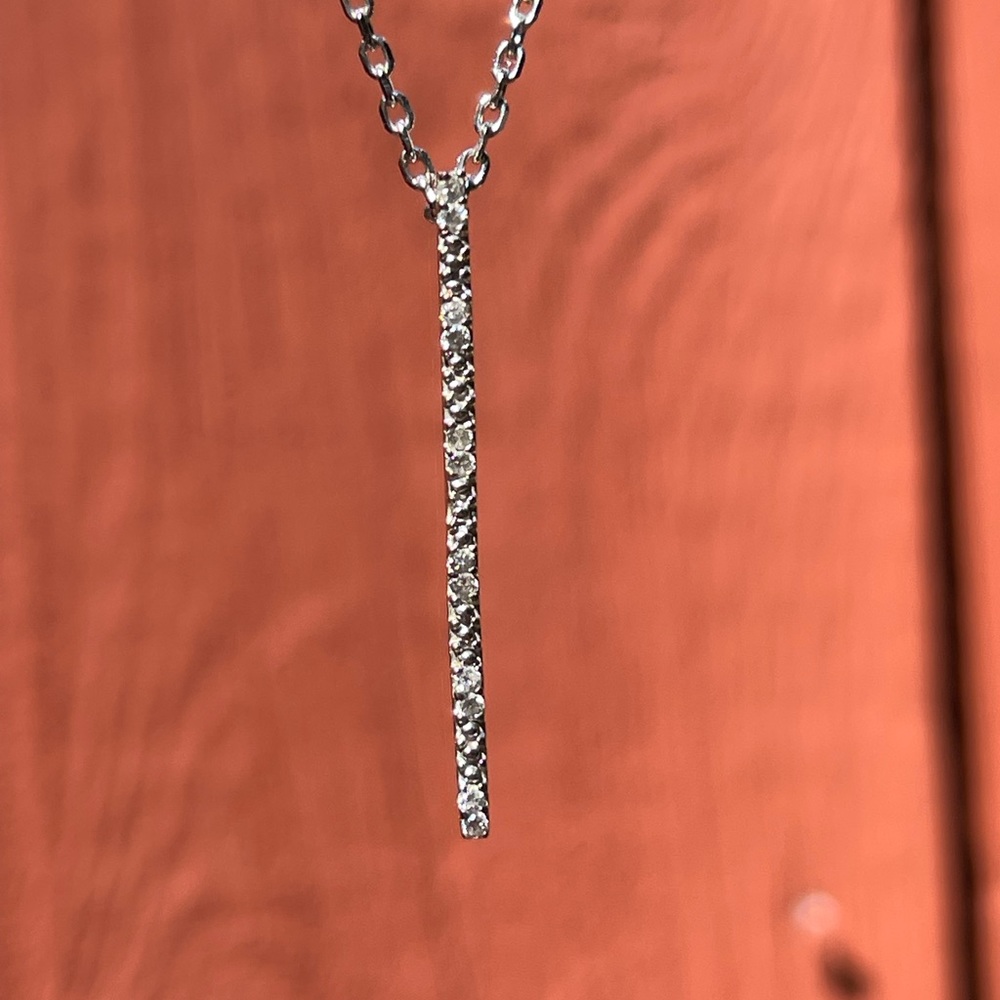 Solid 14k White Gold and Natural Diamond Linear Bar or Stick Pendant